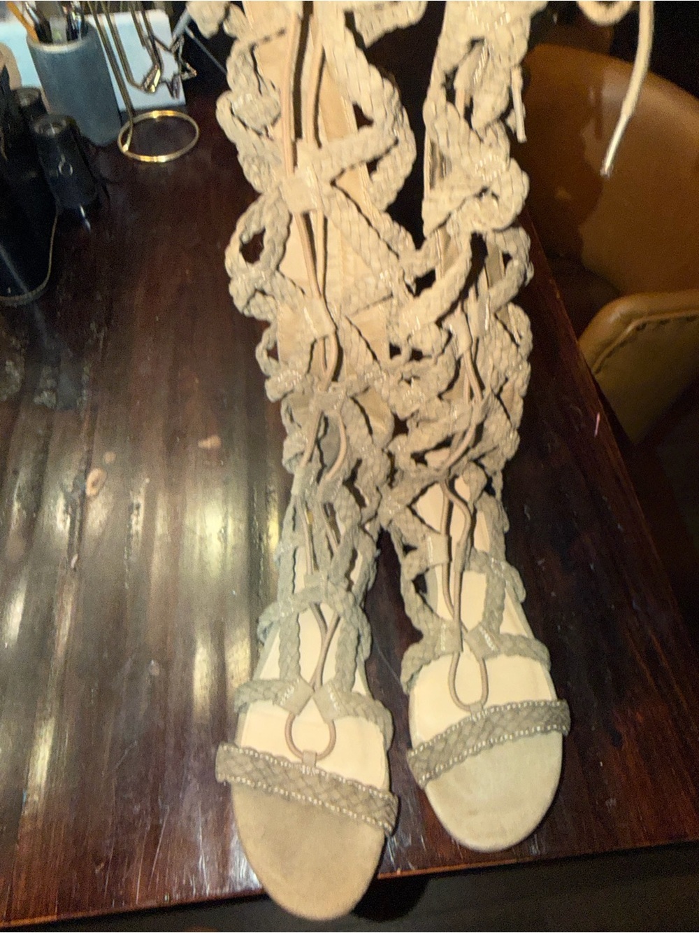 Lace-Up Braided Gladiator Sandals - Beige